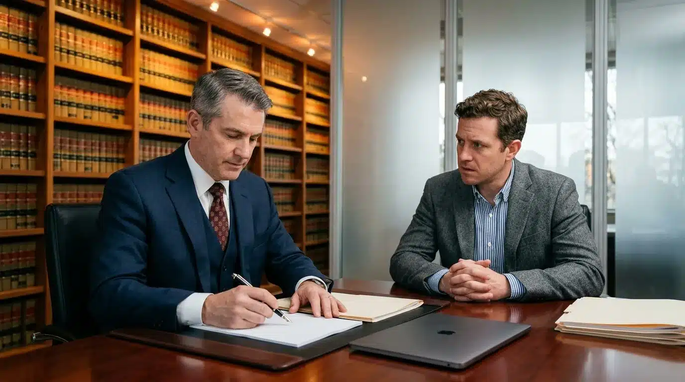 Avocat et client discutent documents dans un cabinet juridique