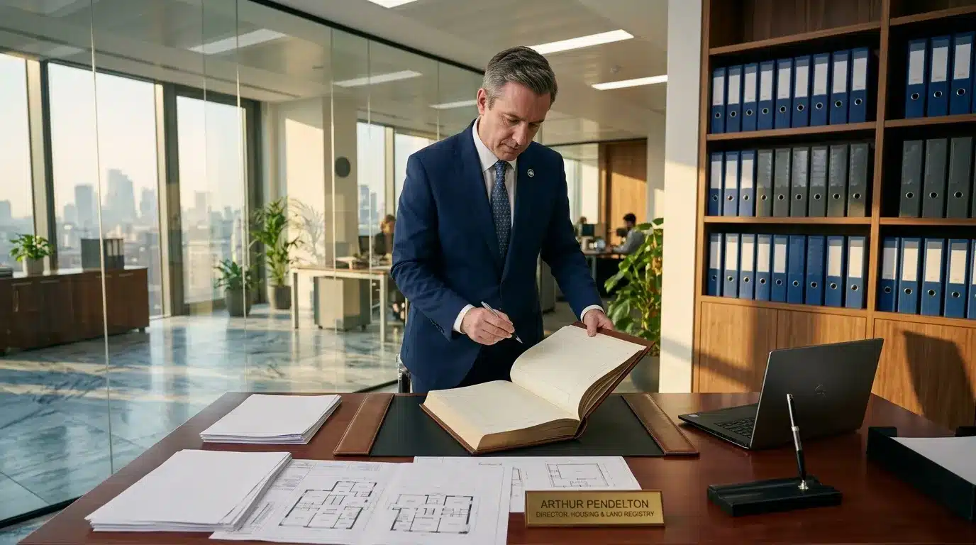 Homme en costume bleu consultant des documents dans un bureau moderne