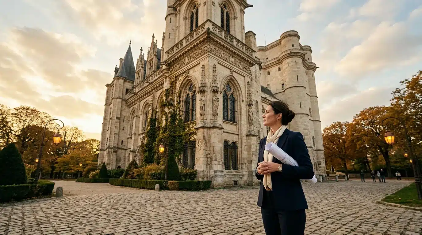 Femme en costume noir avec plans devant église gothique