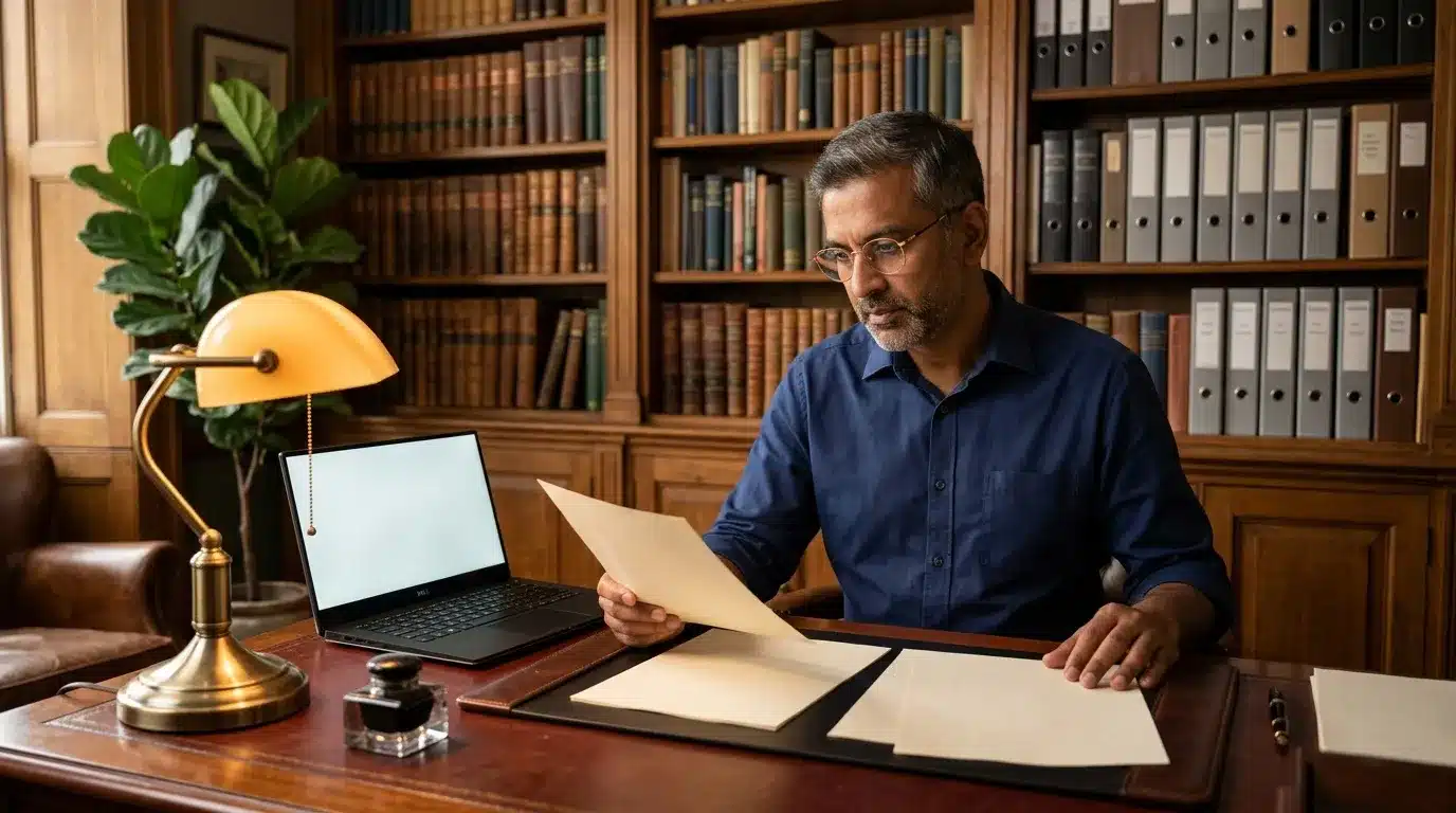 Homme en chemise bleue consultant des documents à son bureau