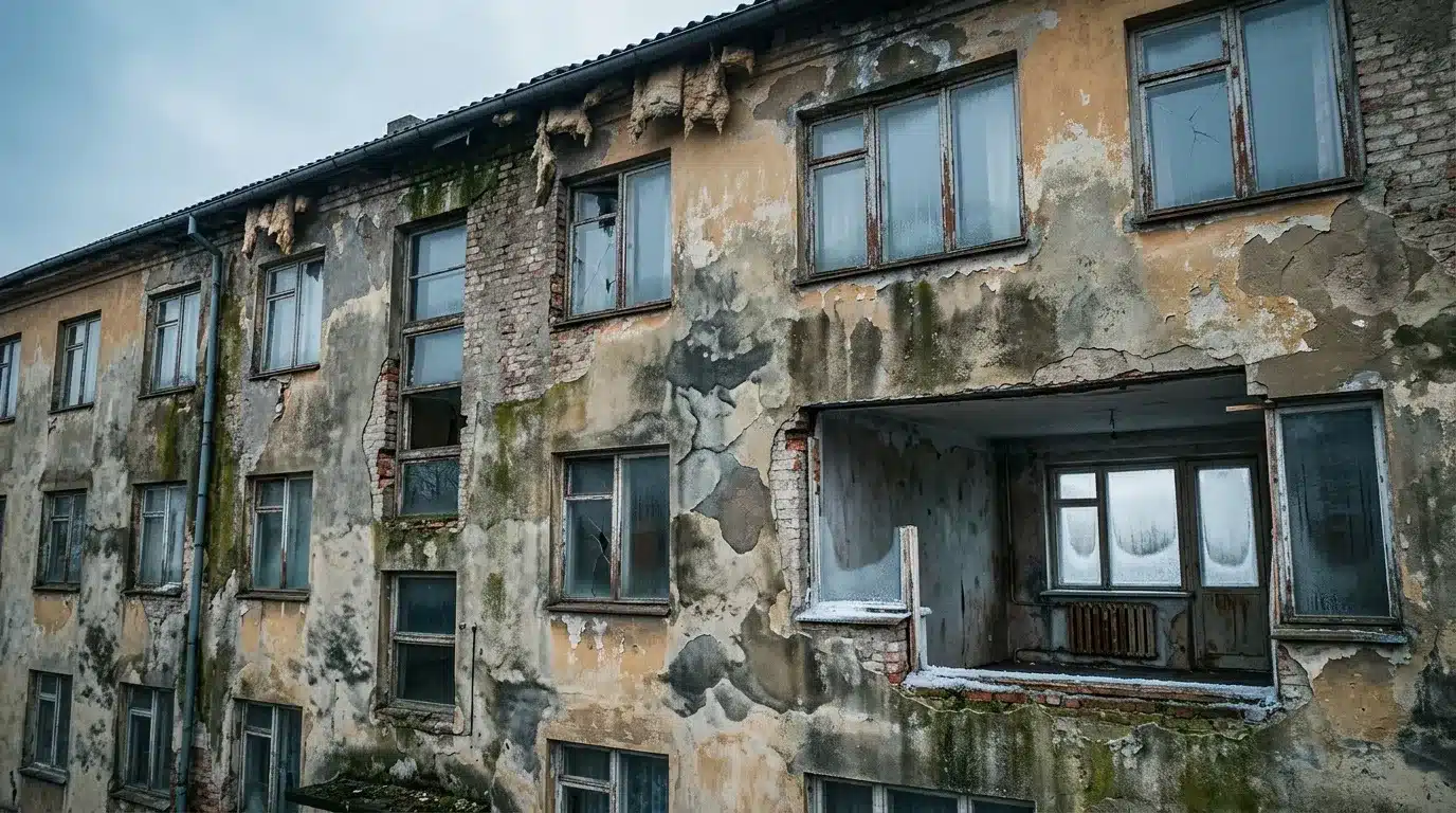 Bâtiment ancien dégradé avec façade usée et moisissures visibles