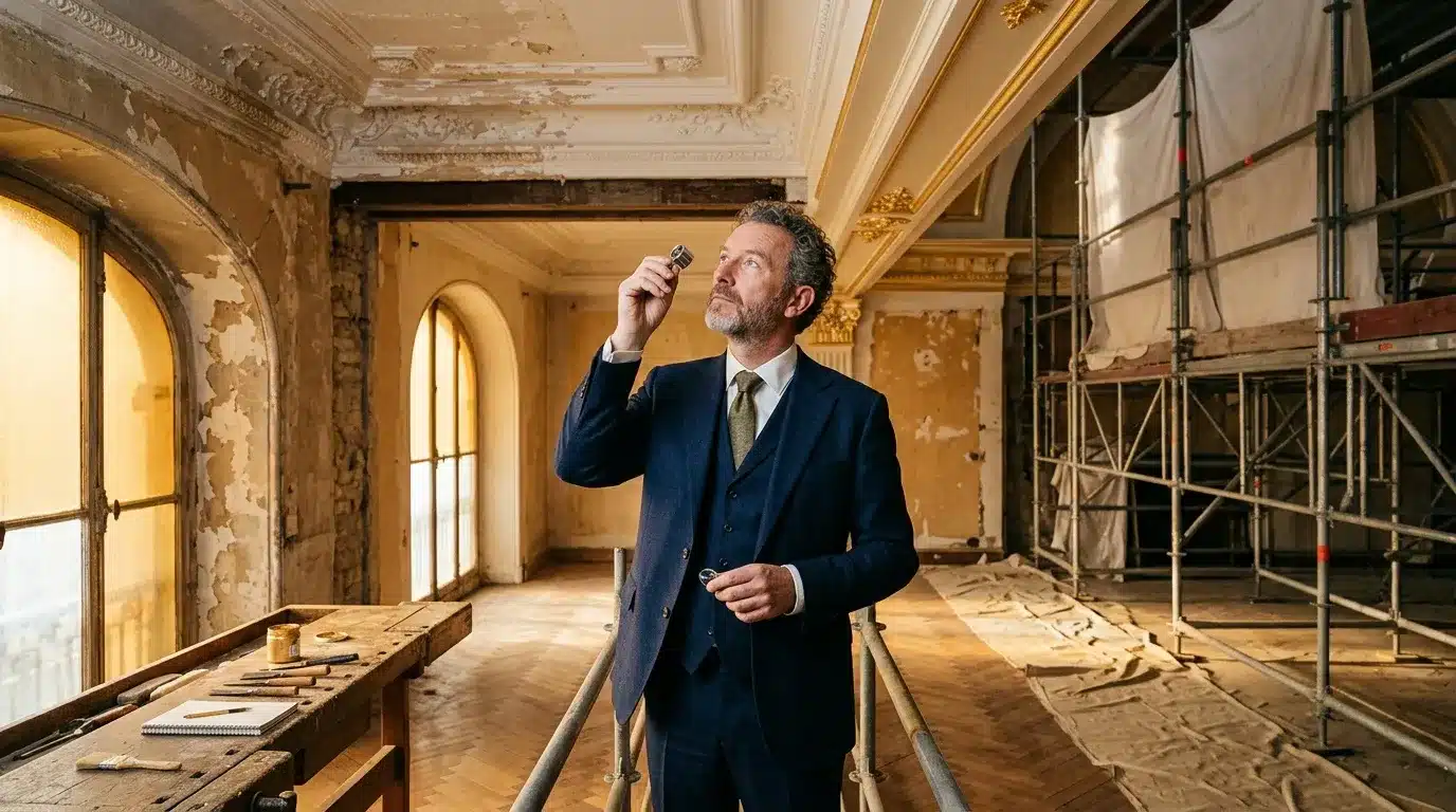 Homme en costume inspectant une pièce en restauration