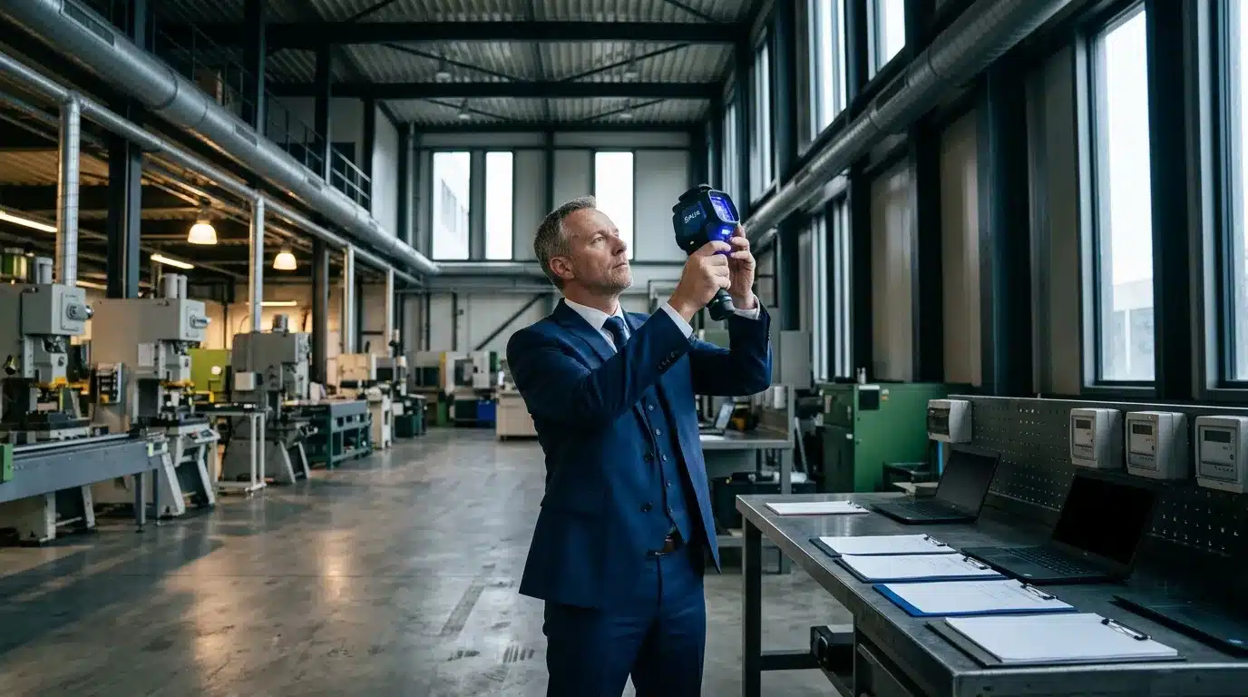 Homme en costume utilisant caméra thermique en usine