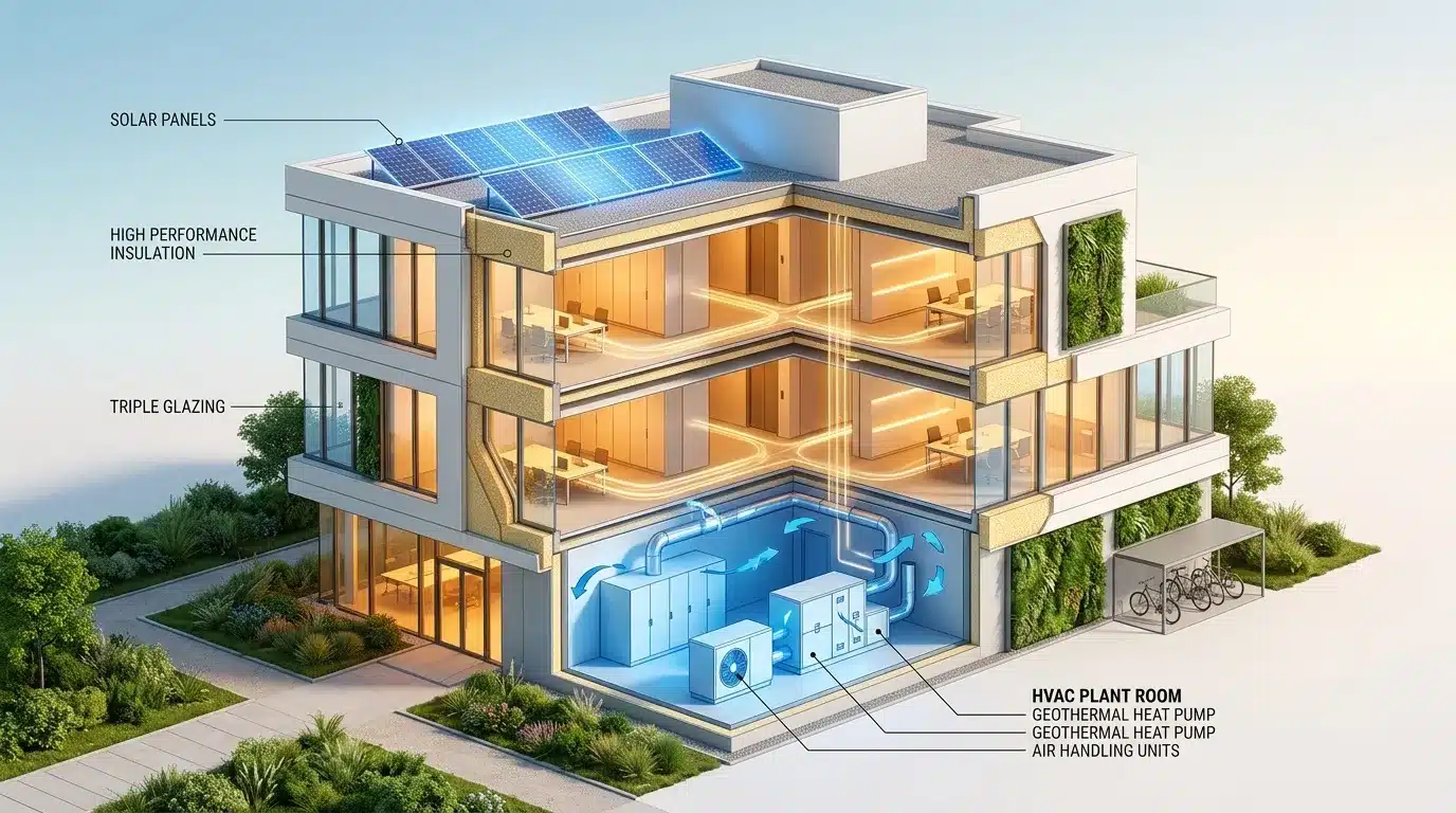 Bâtiment résidentiel éco-responsable avec panneaux solaires et pompe géothermale