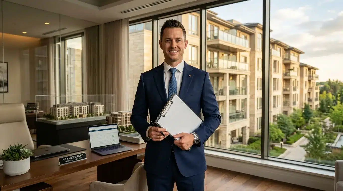 Homme d'affaires en costume tenant un document, bureau avec vue urbaine