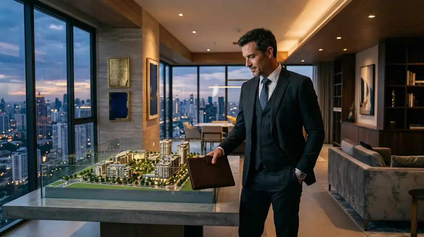 Homme d'affaires examine maquette projet immobilier gratte-ciel