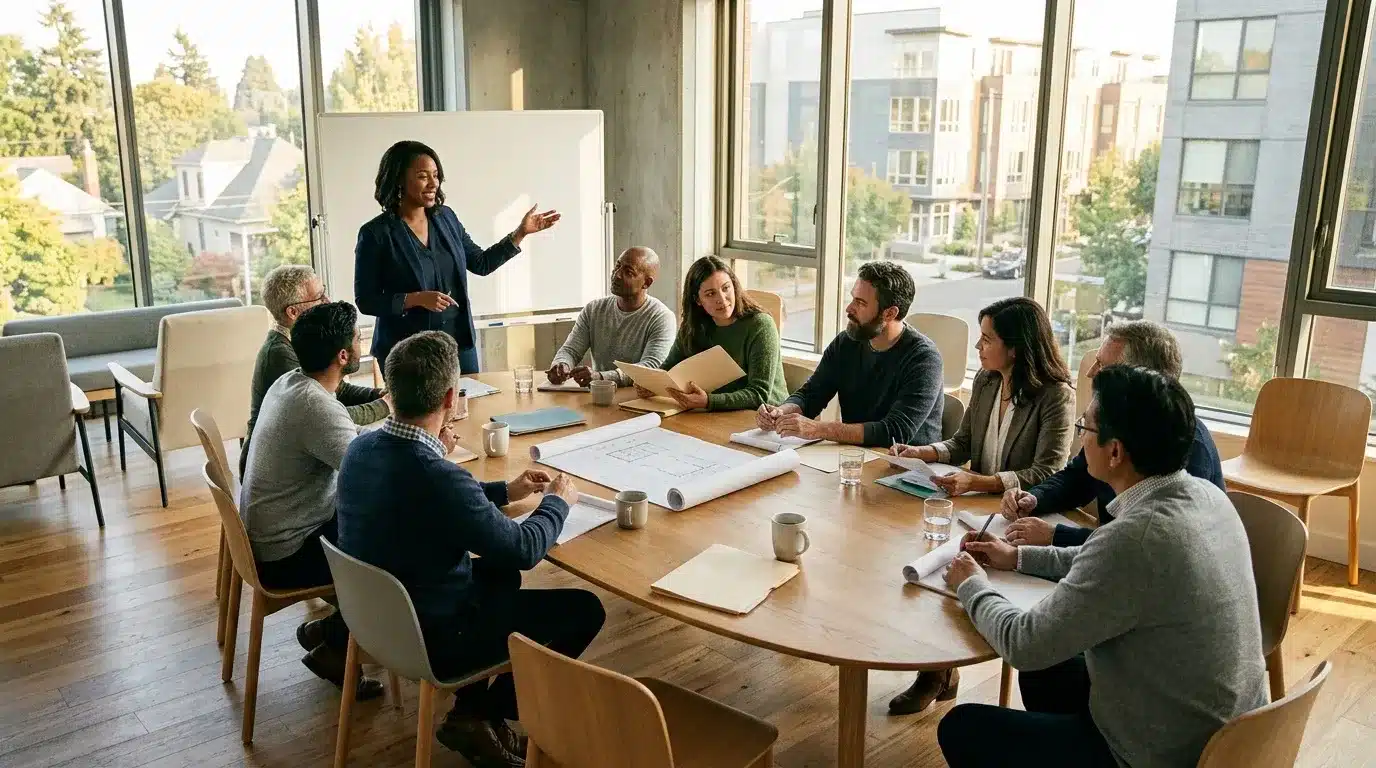 Femme présentant devant un groupe assis autour d'une table