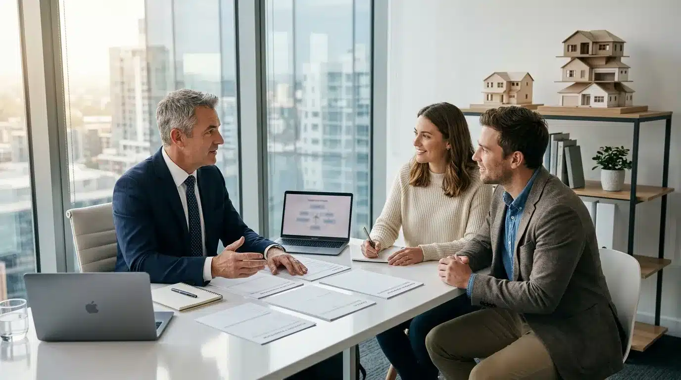 Agent immobilier discute avec couple dans bureau moderne