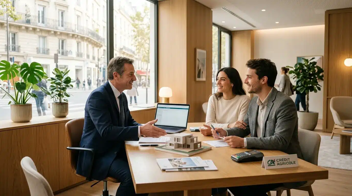 Conseiller bancaire présente projet immobilier à couple clients