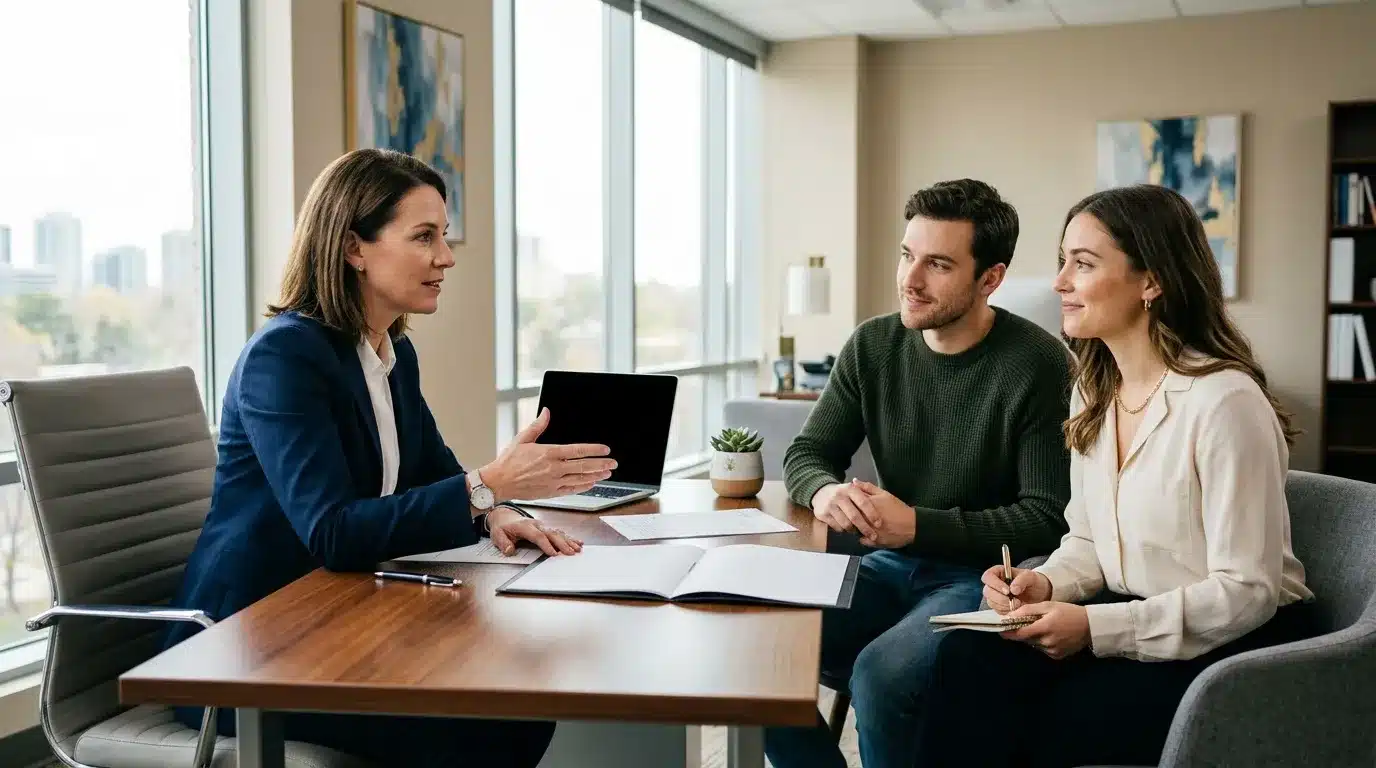 Trois professionnels discutent autour d'une table avec documents et tablette