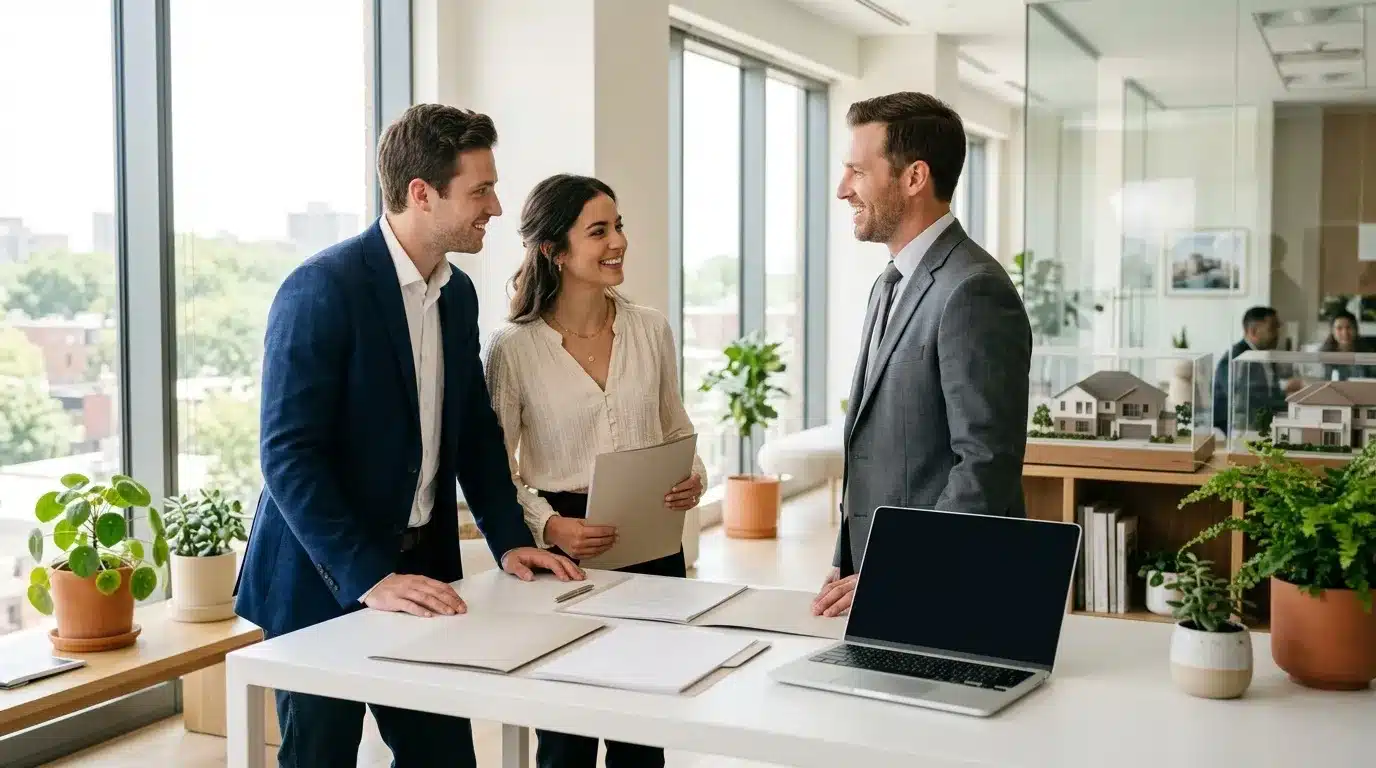 Trois professionnels discutent autour d'un bureau moderne avec ordinateur