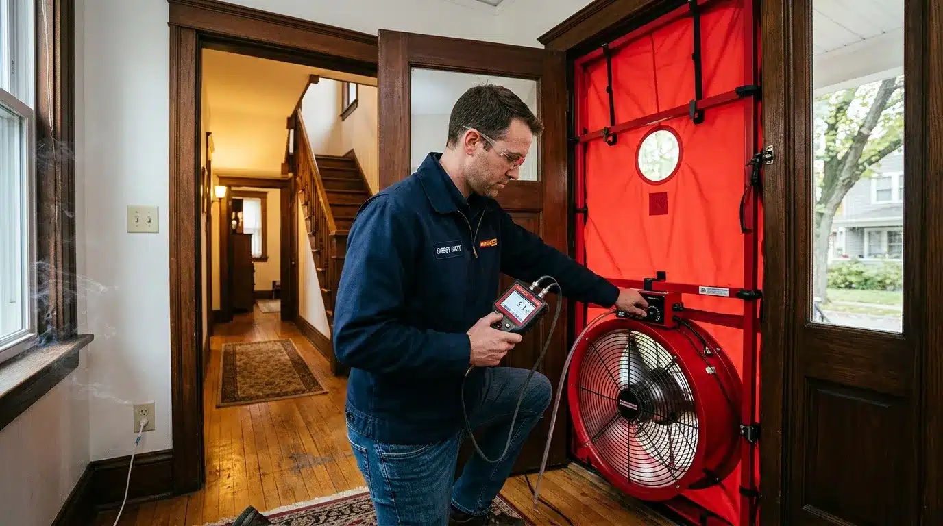Technicien effectue test étanchéité porte rouge maison