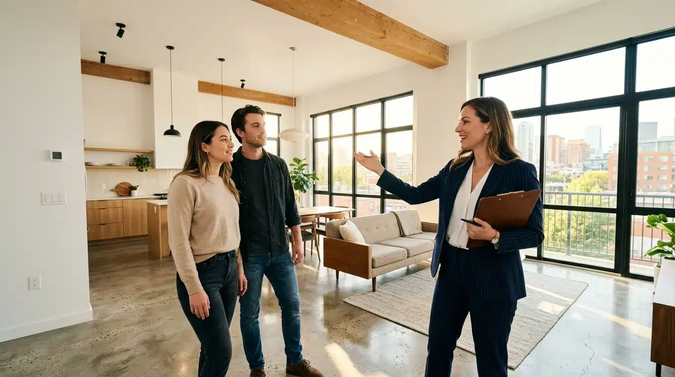 Agent immobilier présente un loft moderne à un couple